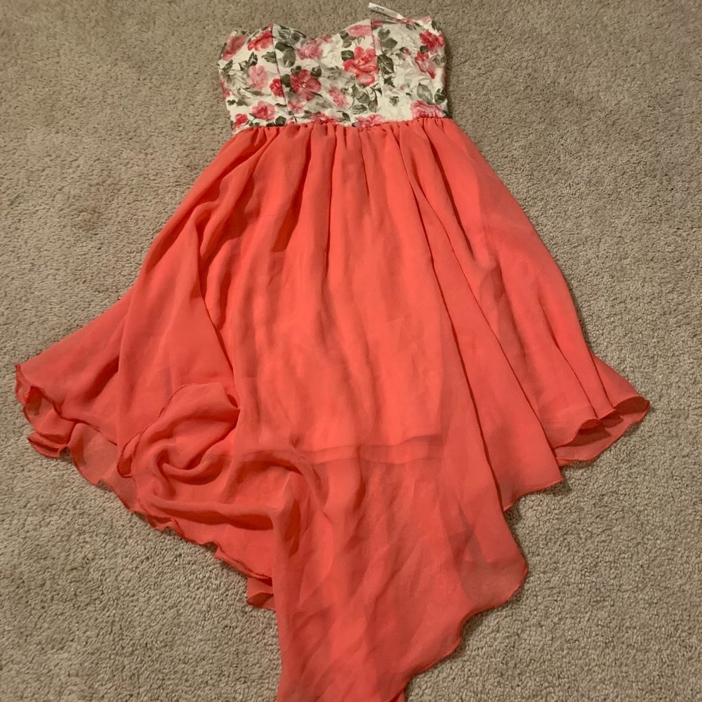 Floral pink sheer high low dress.